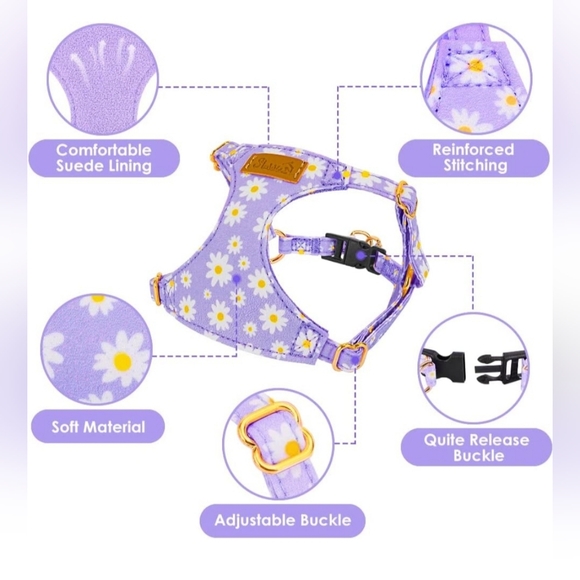 SlowTon No Pull Purple Floral Dog Harness & Leash Set Size XXS (2-2.6 lbs) EUC - Picture 8 of 13